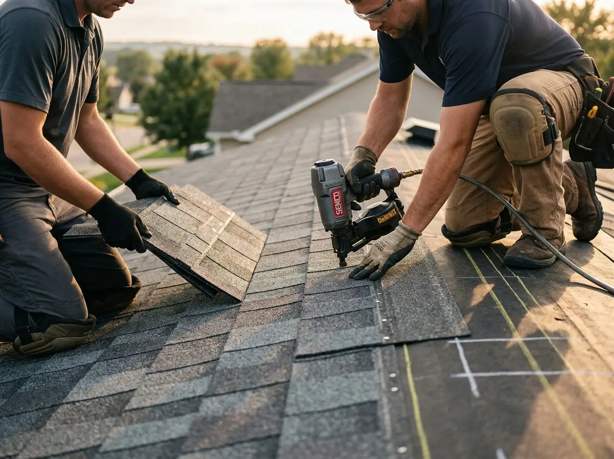 Professional roofer working on a residential roof in Roswell